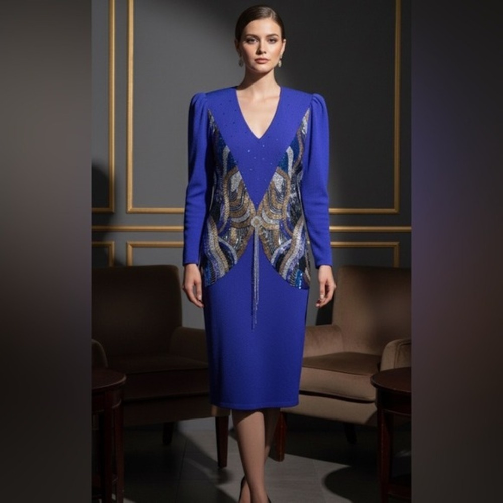 Royal Blue Beaded Sequin Statement Dress Long Sleeve V Neck‎